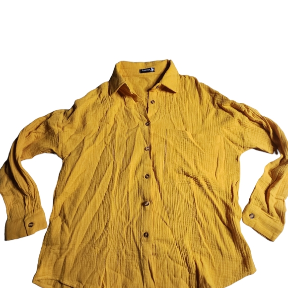 ♡Fashion Women's Mustard Yellow Button Down Long-Sleeve Blouse Size Medium E4 - Picture 1 of 6
